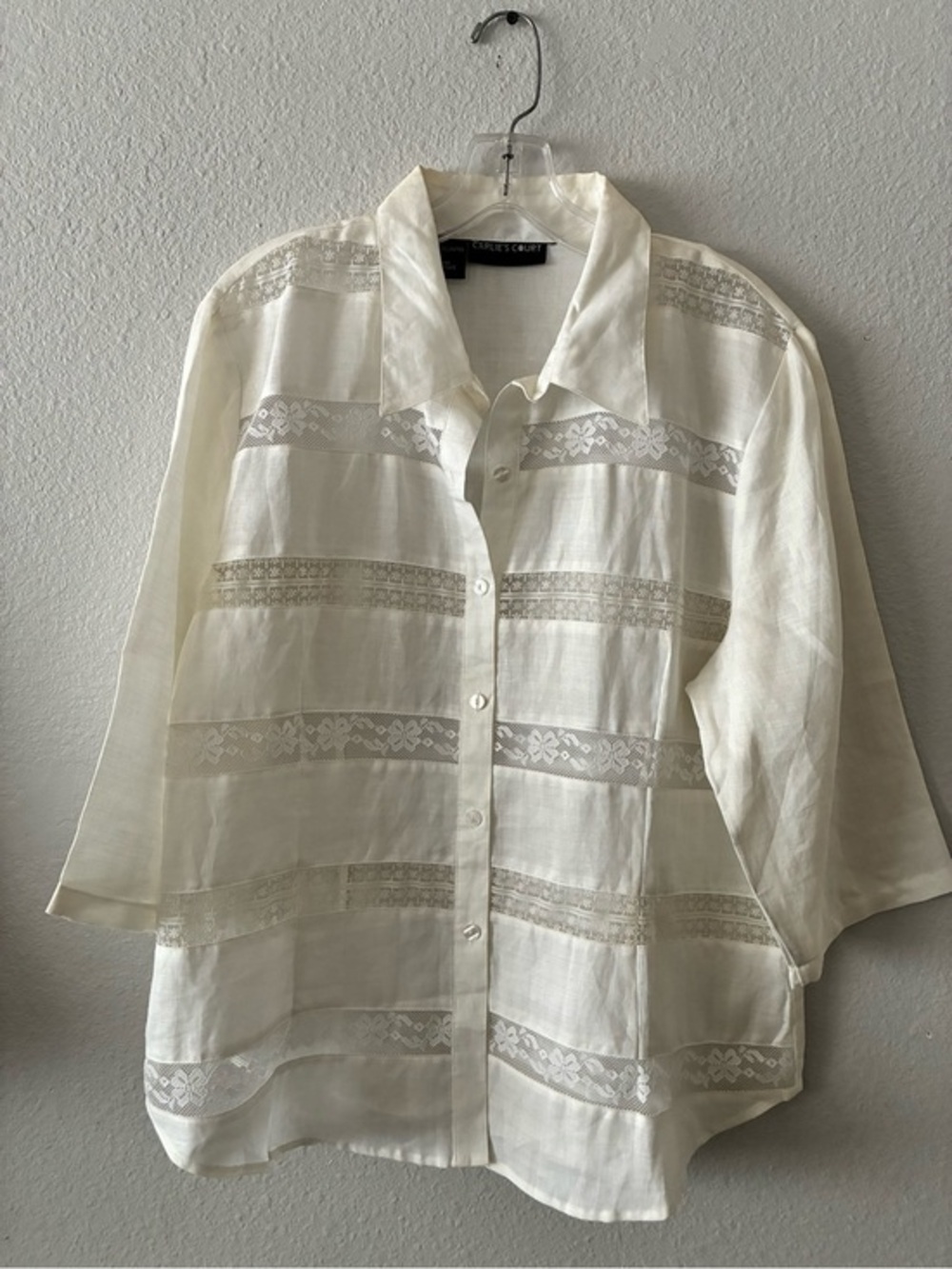 VTG Carlie’s Court L/XL WH 💯 Ramie Button-Down Shirt with Lace Insets Casual EUC